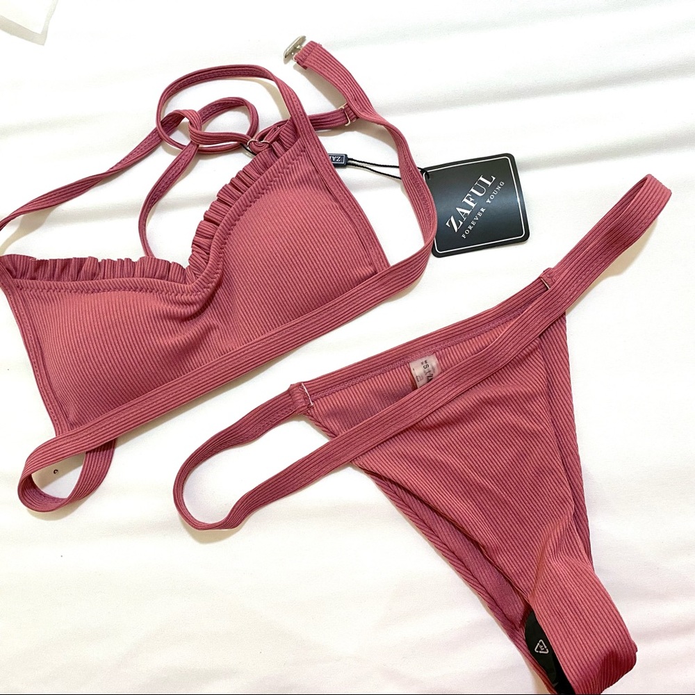 NWT Zaful High Leg Frilled Trim Bikini Pink S